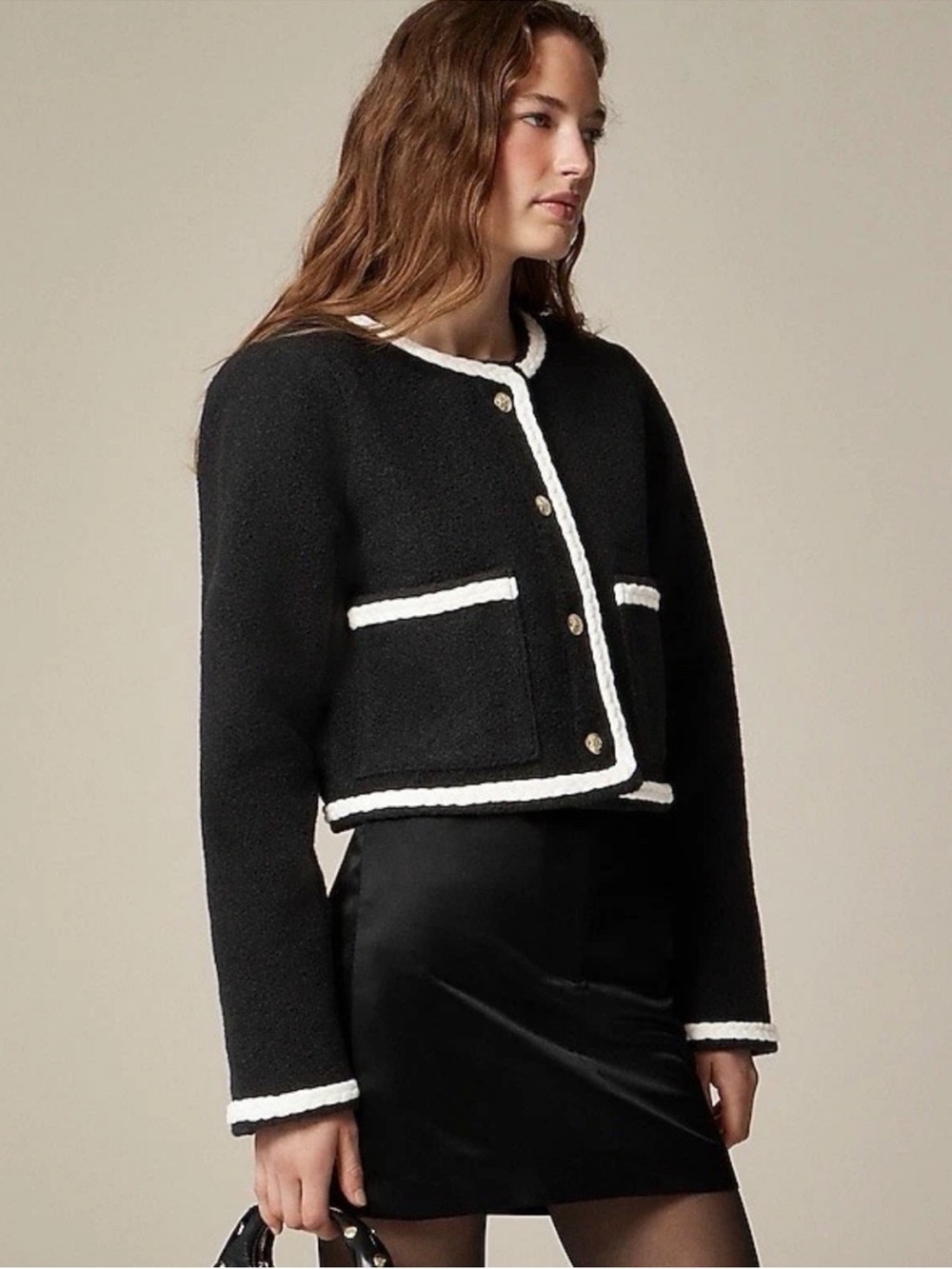 J.Crew Cropped Boucle Yarn Lady Black/White Fleece Boxy Jacket Size Xl - Picture 4 of 14